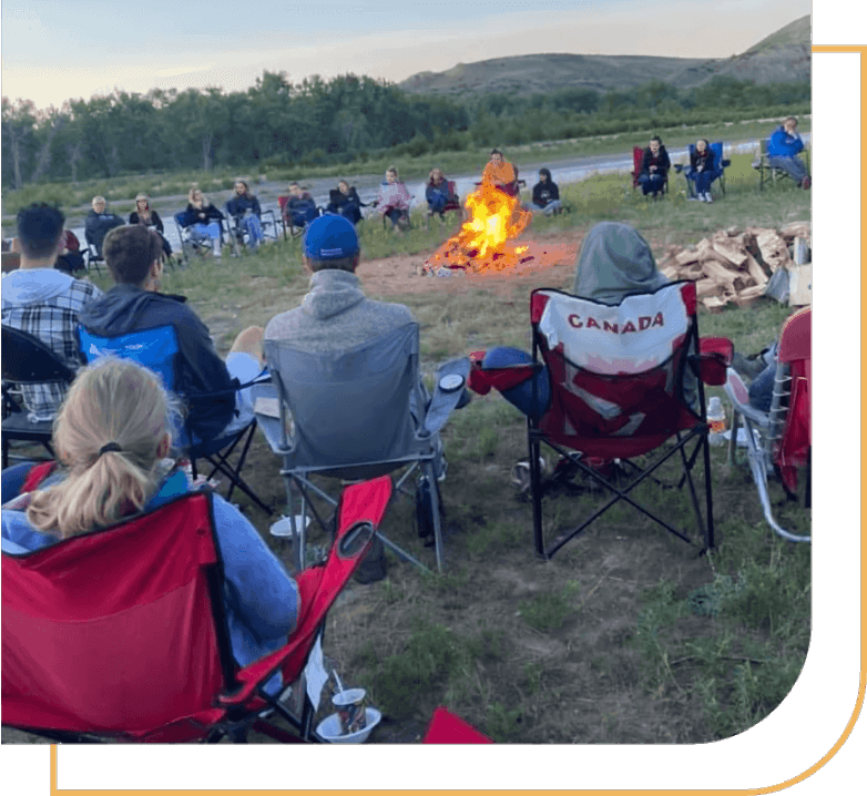A group of people sitting around a fire